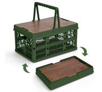 Yummy Sam Collapsible Storage Bin with Wooden Lid & Handle, 18L Portable Plastic Storage Crate, Hollow out design, for Camping, Outdoor Gatherings & Travel, for Father's Day, Green