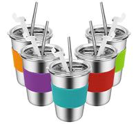 Yummy Sam Stainless Steel Cups with Straws and Lids,12oz Spill-proof Kids Tumblers Dishwasher Safe, Unbreakable Metal Toddler Cups with Heat-insulated Sleeves for Cold Drinks, 5 Pack