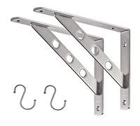 YUMORE Shelf Bracket 10", Heavy Duty Stainless Steel Solid Shelf Support Corner Brace Joint Right Angle Bracket, L Bracket with 2 S Hook, 2 Pack
