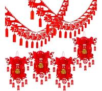 YumSur 14 Pack Chinese New Year Decorations: 4x 'Fu' Lanterns, 2x 'Fu' Garlands, DIY Hanging Ornaments, Red Color, Chinese Symbols