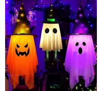 YumSur 3pieces Halloween Hanging Ghost Decorations,Glowing Hanging Ghost with Witch Hat,Ghost Hat Decor With 3 Modes LED String Light,Halloween Ghost Decor for Yard Patio Garden Tree Outside