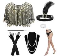 YumSur 7PCS 1920s Flapper Great Gatsby Accessories Set,Retro 20's Theme Party Costume Set,Ladies Charleston Fancy Dress Up Set for Women with Headband,Shawl,Long Black Gloves, Necklace,Handheld Props