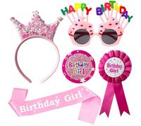 YumSur Birthday Crown Set for Girls, Birthday Girl Badge, King Crown Tiara Ribbon Medal, Personalised Girls Sash, Party Dress Up Set for Her, Kids, Adults, Children