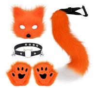 YumSur Faux Fur Fox Tail Cat Wolf Cosplay Costume Set Plush Mask Fluffy Paw Gloves Halloween Christmas Party for Girls Women(orange color)