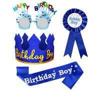 YumSur Happy Birthday Crown Hat with Birthday Glasses, Badge and Sash Birthday Party Supplies for Boys Birthday Party