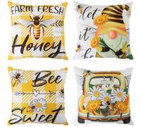 YUMYDG Set of 4 Square Cushion Cover 45x45cm Sunflower Bees yellow Pillow Case 18x18 Inch, Honeycomb Zip Closure, Sofa Bed Home Decor pillow covers
