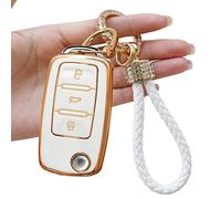 Yumzeco Car Key Cover,3 Buttons Remote Key Fob Cover Compatible with VW Volkswagen Jetta GTI Passat Golf Tiguan,TPU Silicone KeyCase, Entry KeyShell with Keychain,Keyless KeyProtector White