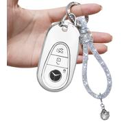 Yumzeco Key Cover Compatible with Mercedes Benz with Bling Diamonds Keychain,3 Buttons Key Fob Cover for 2020-2024 Mercedes Benz S G E GLC EQE EQS 300 350 450 500 560 580,TPU Soft KeyCase-White