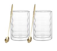Yumzxin 2 Pack 400ml Double Wall Glass Coffee Mugs with Spoons - Borosilicate Heat Resistant Cups for Cappuccino, Latte, Tea & Ice Cream