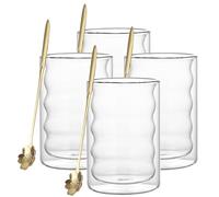Yumzxin 4 Pack 400ml Double Wall Glass Coffee Mugs with Spoons - Borosilicate Heat Resistant Cups for Cappuccino, Latte, Tea & Ice Cream