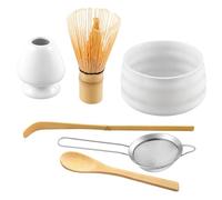 Yumzxin 6Pcs Japanese Matcha Tea Set Kit - Traditional Bamboo Whisk (Chasen), Scoop, Spoon, Stainless Steel Sifter, Ceramic Bowl & Holder - Complete Accessories