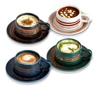 YUN TAO 8oz/240ml Ceramic Cappuccino Cups with Saucers Set of 4, Ergonomic Handle Mugs for Tea, Espresso & Latte - Home & Cafe Use