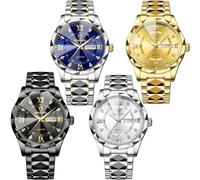 yunanwa 4 Pack Men Watches Diamond Business Dress Analog Quartz Stainless Steel Waterproof Luminous Date Silver Blue Black Gold Luxury Casual Watch for Men, Silver, Men