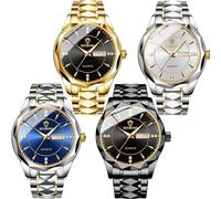 yunanwa 4 Pack Mens Watches Set, Big Dial Watches for Men Stainless Steel Watch with Date Week Waterproof Luminous Classic Business Diamond Wristwatch Wholesales, Blue
