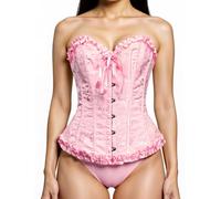 YUNAR Women's Beautiful Floral Lace Up Boned Overbust Corset Bustier Lingerie Bodyshaper Top, Pink, Medium