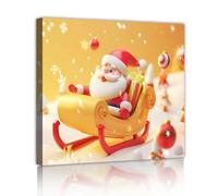 YUNART Christmas Santa Sleigh Canvas Wall Art Cartoon Style Holiday Decor Vibrant Winter Seasonal Wall Mural with Framed for Living Room 75x75cm Innerframe