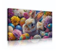 YUNART Easter Bunny Wall Art Vintage Rabbit Easter Eggs and Flowers Poster Print Picture Farmhouse Animal Painting for Living Room 40x70cm Innerframe