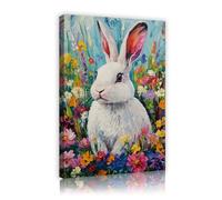 YUNART Framed Easter Bunny Painting Canvas Prints White Rabbit Poster Wall Art Spring Wildflowers Artwork Easter Home Art Decoration 60x90cm Innerframe