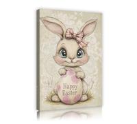 YUNART Framed Happy Easter Wall Art Cute White Rabbit Easter Eggs Canvas Print Spring Wall Decor for Living Room Holiday Home Decor 70x100cm Innerframe