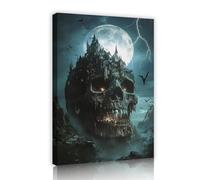 YUNART Gothic Castle Painting Print Full Moon Crow Canvas Print Halloween Wall Art Dark Academia Poster for Living Room Office Decor 60x90cm Innerframe