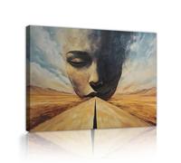YUNART Surrealism Canvas Wall Art Modern Abstract Face Artwork Prints Desert Road Landscape Framed Canvas Painting for Living Room 40x50cm Innerframe