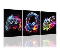 YunBey 3 Pack Gaming Canvas Posters with Frames, Neon Splash Paint Game Controller & Headset Wall Art, Gamer Wall Decor for Boys Bedroom, Game Room, Playroom & Living Room (40x30CM / 16x12inch)