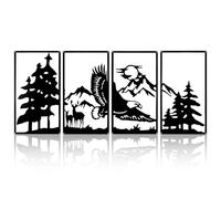 YunBey Metal Wall Art Set, 4 Panels Forest Mountain Eagle Deer Silhouette Decor, 111×43cm Rustic Outdoor Indoor Wall Decor for Living Room, Garden, Cabin, Home Decoration (Black)