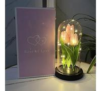 YUNBIAOSEN LED Tulip Lamp Artificial Flower Night Light Handmade Light up Tulips in Glass Dome Table Lamp Ornaments Desktop Decor - Battery Operated (Pink)