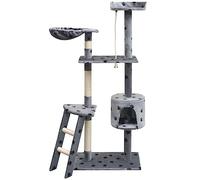 YunCangg Cat Scratching Post 150 cm Grey with Paw Print, Sisal Scratching Furniture with House, Lounger, Platform and Toy, Multi-Level Climbing Tree for Climbing, Scratching