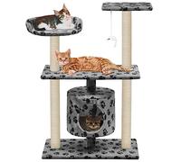 YunCangg Cat Scratching Post Sisal 95 cm Grey with Paw Pattern, Scratching Furniture with Cave, Climbing Tree, Lying Surface, Toy for Claw Care and Activity in the Home or Room