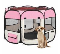 YunCangg Foldable Puppy Playpen with Carry Bag, Pink, 90 x 90 x 58 cm, Robust Steel Frame, with Door, Roof, Side Pockets, Breathable for Dog Run, Outdoor Enclosure, Protection and Training
