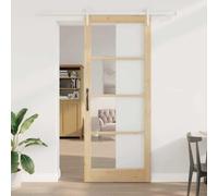 YunCangg ORKDAL Sliding Door Natural Solid Pine and Glass 93 x 232 cm for Indoor Use with Slide Rail, Wheels, Door Stoppers and Floor Guide for Living Room, Bedroom, Kitchen, Garage