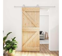 YunCangg Sliding door made of solid pine, natural and white, 85 x 210 cm, interior door with powder-coated steel rail, space-saving for living room, bathroom, kitchen and renovation