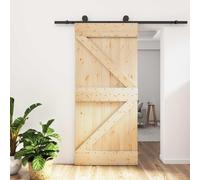 YunCangg Sliding Door Made of Solid Pine Natural Black 95 x 210 cm with Powder-Coated Steel Rail Space-Saving for Home Door and Interior with Simple Sliding Mechanism