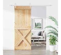 YunCangg Sliding Door Made of Solid Pine Natural White 80 x 210 cm with Powder Coated Steel Rail, Space Saving Design for Indoor Spaces, Includes Fixings and Accessories for Home Renovation