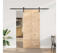 YunCangg Solid Pine Sliding Barn Door Natural 90 x 208 cm with Steel Rail Set, Indoor Space Saving Door for House Entrance, Hallway, Basement, Renovation and New Build Projects