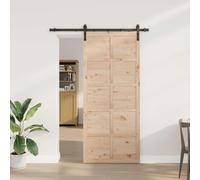 YunCangg Solid Pine Wood Sliding Door Natural 80 x 208 cm with Rail and Wheels, Space-Saving for Indoor Use, Quiet Run for Hallway, Basement, Renovation and New Construction