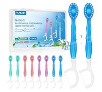 YUNCHI 12PCS Disposable Toothbrush with Toothpaste 5 in 1 Mini Toothbrush with Tongue Scraper + Floss + Pick, Portable Travel Toothbrush Set Individually Wrapped for Work Travel Camping