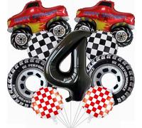 Yunchu Online Balloon Set for Boys' 4th Birthday, Number 4 & Monster Truck Themed, Red & Black, 10 Pieces