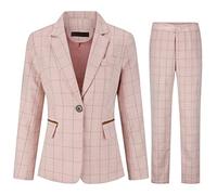 YUNCLOS Women Plaid 2 Piece Trouser Suits Long Sleeve Smart Formal Office One Button Blazer and Trouser Pink