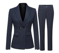 YUNCLOS Women's 2 Piece Office Lady Stripes Business Suit Set Slim Fit Blazer Jacket Pant, Suit Set-navy Blue, Large