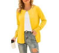 YUNDAI Womens Cardigans Long Sleeve Open Front Knitted Ladies Cardigan Button Round Neck Sweater for Women UK Lightweight Solid Color Jumpers, 2X-Large Light Yellow