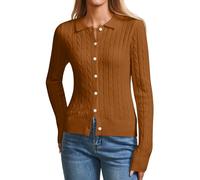YUNDAI Womens Cardigans Polo Neck Long Sleeve Lightweight Button Down Open Front Jumpers Ladies Tops Ribbed Knit Outerwear Cardigan for Women UK, Medium Coffee