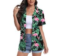 YUNDAI Womens Hawaiian Shirts Short Sleeve Button Down Soft Cool Floral Tropic Print V Neck Summer Beach Tops T-Shirt, 2X-Large Bird Black