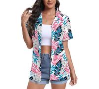 YUNDAI Womens Hawaiian Shirts Short Sleeve Button Down Soft Cool Floral Tropic Print V Neck Summer Beach Tops T-Shirt, Large Mix Leaf White