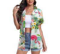 YUNDAI Womens Hawaiian Shirts Short Sleeve Button Down Soft Cool Floral Tropic Print V Neck Summer Beach Tops T-Shirt, X-Large Bird Green Leaf