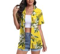 YUNDAI Womens Hawaiian Shirts Short Sleeve Button Down Soft Cool Floral Tropic Print V Neck Summer Beach Tops T-Shirt, Medium White Flower Yellow