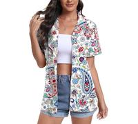 YUNDAI Womens Hawaiian Shirts Short Sleeve Button Down Soft Cool Floral Tropic Print V Neck Summer Beach Tops T-Shirt, Large Mix Flower White