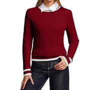 YUNDAI Womens Jumpers Casual Long Sleeve Crewneck Lightweight Cable Knit Contrast Color Sweater Ladies T-Shirts Tops for Women Spring Fall, 2X-Large Wine Red