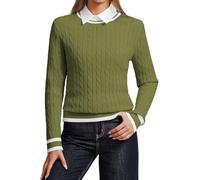 YUNDAI Womens Jumpers Casual Long Sleeve Crewneck Lightweight Ribbed Knit Contrast Color Sweater Ladies T-Shirts Tops for Women Spring Fall, Medium Army Green